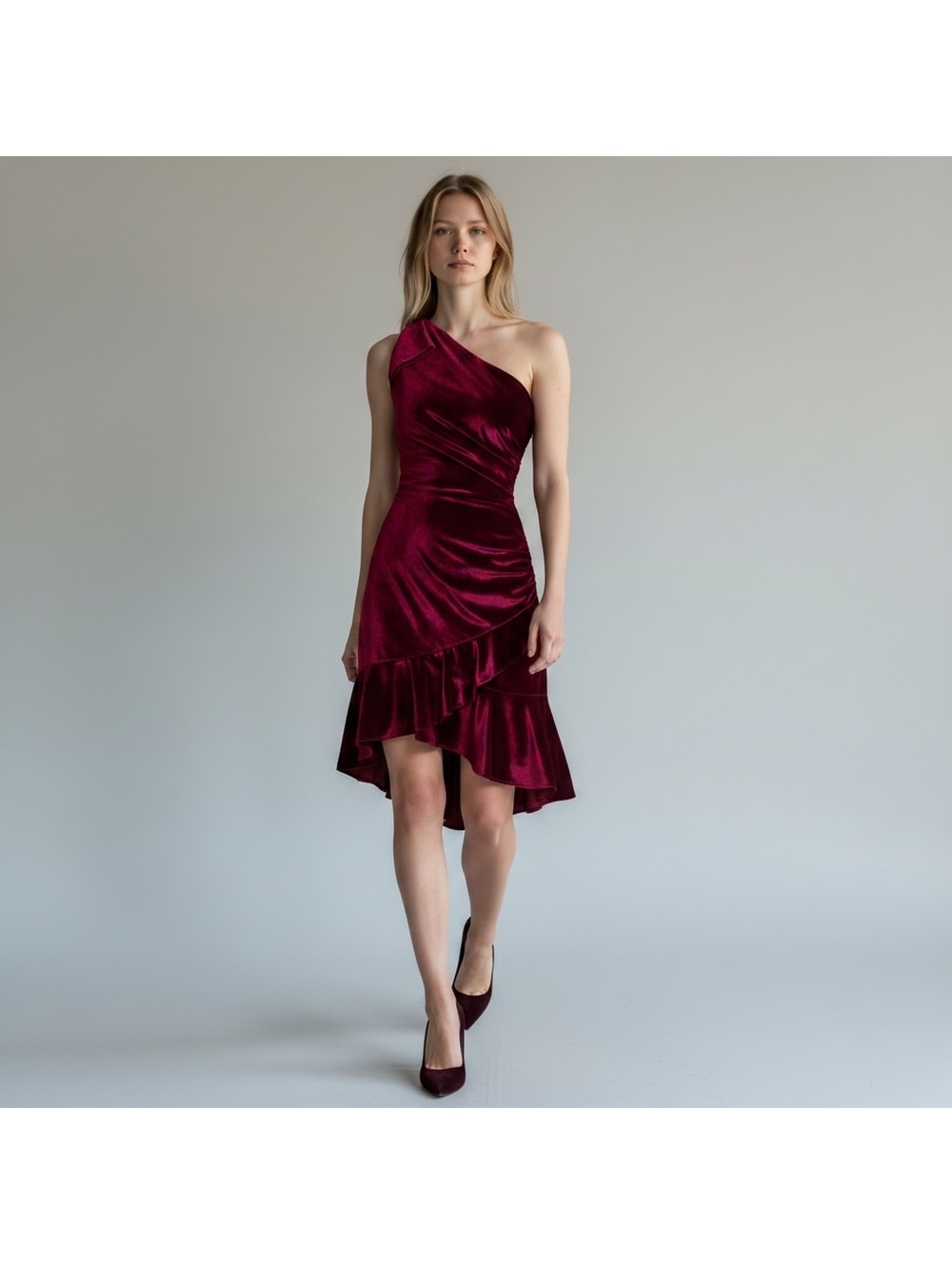 Chelsea & Violet Velvet Wine One Shoulder Ruffle Cocktail Dress Size L